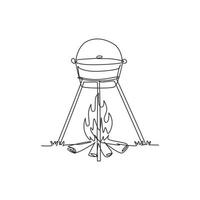 dessin d'une seule ligne cuisiner le dîner dans une marmite de camping sur un feu de joie. chaudron et feu de camp. herbe extérieure, branche, pierres. pique-nique nature en plein air. illustration vectorielle graphique de conception de dessin en ligne continue vecteur