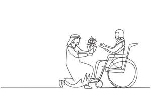 une seule ligne continue dessinant un homme arabe et une femme handicapée en fauteuil roulant. l'homme donne un bouquet de fleurs à la femme. soignant, soutien moral de la famille. rééducation du handicap. vecteur de conception de dessin d'une ligne