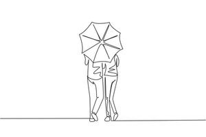 dessin d'une seule ligne vue arrière jeune couple homme femme, jolie fille et garçon marchant tenant un parapluie sous la pluie. couple romantique par temps d'automne pluvieux. vecteur graphique de conception de dessin en ligne continue