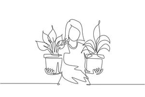 une ligne continue dessinant une jeune femme tenant différentes plantes d'intérieur dans des pots. personnage féminin prenant soin des plantes d'intérieur. plantes en pot dans la maison. illustration vectorielle de dessin à une seule ligne vecteur