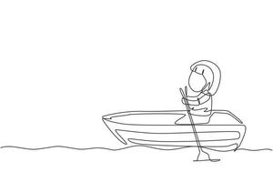 une ligne continue dessinant une jolie petite fille à cheval sur un bateau à la rivière. enfants à cheval sur un bateau en bois. barque pour enfants sur le lac. pédalo pour enfants heureux. illustration graphique vectorielle de conception à une seule ligne vecteur