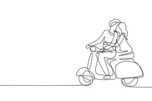 couple de dessin en ligne continue unique avec scooter vintage, concept de pré-mariage. homme et femme à moto, relation amoureuse. road trip romantique, voyage. une ligne dessiner vecteur de conception graphique