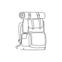 sac à dos de camping à dessin continu en une ligne. sacs à dos rétro touristiques. sacs à dos de randonnée de style classique avec sacs de couchage. sacs de camping et de randonnée et sacs à dos. illustration vectorielle de dessin à une seule ligne vecteur