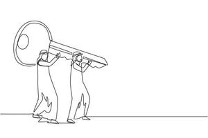 solution commerciale de dessin d'une seule ligne. réalisation du travail d'équipe. notion de coopération. deux hommes arabes soulevant une grosse clé. efficace, direction vers le succès. ligne continue dessiner illustration vectorielle de conception vecteur