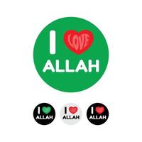 j'aime le texte d'allah avec des coeurs rouges isolés sur fond vert, illustration vectorielle islamique. vecteur