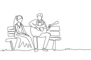 couple marié en ligne continue unique assis sur un banc en bois dans le parc. homme jouant de la musique à la guitare, fille écoute et chante ensemble à la fête de mariage. une ligne dessiner illustration vectorielle de conception graphique vecteur