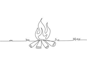 feu de joie à dessin en ligne continue pour les activités de camping. utilisé pour réchauffer le corps au camping la nuit, cuisiner des aliments, de l'eau pour le thé chaud. équipement pour la randonnée, le voyage, le voyage. vecteur de conception de dessin d'une ligne