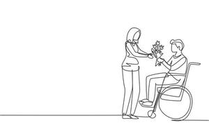 femme de dessin en ligne continue unique et homme handicapé en fauteuil roulant. le mâle donne un bouquet de fleurs à la femelle. soutien moral de la famille. rééducation du handicap. une ligne dessiner illustration vectorielle de conception vecteur