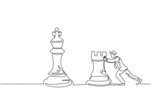 une seule ligne continue dessinant un jeune homme d'affaires poussant une énorme pièce d'échecs de tour. stratégie commerciale et plan marketing. mouvement stratégique dans le concept d'entreprise. une ligne dessiner illustration vectorielle de conception graphique vecteur