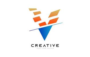 création d'icônes de logo lettre v en tranches avec des couleurs bleu et orange et des tranches coupées vecteur