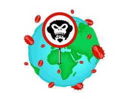 concept d'attaque d'alerte mondiale du virus monkeypox. épidémie de maladie d'infection par la variole du singe attention signe rouge sur la planète terre. danger et risque épidémique de santé publique. mpv mpvx symbole de pandémie dangereuse. vecteur