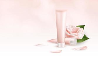 modèle de bannière 3d réaliste pour la crème de soin de la peau. maquette d'emballage publicitaire pour produits cosmétiques et médicaux avec deux tubes de crème, fleur et pétales de rose. illustration vectorielle vecteur