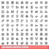 Ensemble de 100 icônes de médias de masse, style de contour vecteur