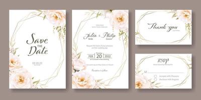 ensemble de carte d'invitation de mariage floral, réservez la date, merci, modèle rsvp. vecteur. rose romantique avec de la verdure. vecteur