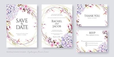 invitation de mariage, réservez la date, merci, modèle de conception de carte rsvp. vecteur. fleurs d'hortensia et de fleurs de cerisier vecteur