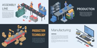 ensemble de bannières de fabrication de chaîne de montage, style isométrique vecteur