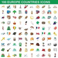 Ensemble d'icônes de 100 pays d'europe, style dessin animé vecteur