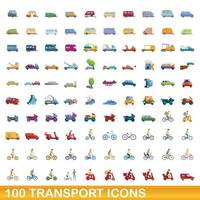 Ensemble de 100 icônes de transport, style cartoon vecteur