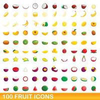 Ensemble de 100 icônes de fruits, style dessin animé vecteur