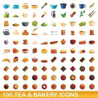 Ensemble de 100 icônes de thé et de boulangerie, style cartoon vecteur