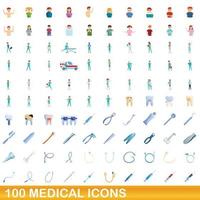 Ensemble de 100 icônes médicales, style cartoon vecteur