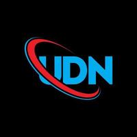 logo UDN. lettre udn. création de logo de lettre udn. initiales logo udn liées avec un cercle et un logo monogramme majuscule. typographie udn pour la technologie, les affaires et la marque immobilière. vecteur