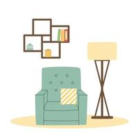 intérieur scandinave. fauteuil avec couverture et lampe. illustration vectorielle plane de salon confortable. intérieur hygge scandinave tendance. vecteur