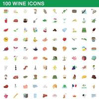 Ensemble de 100 icônes de vin, style cartoon