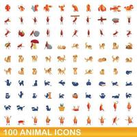 Ensemble de 100 icônes d'animaux, style dessin animé vecteur