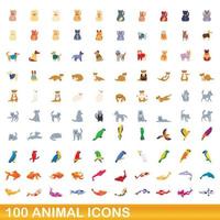 Ensemble de 100 icônes d'animaux, style dessin animé vecteur