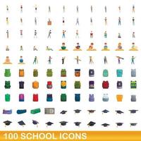 Ensemble de 100 icônes d'école, style cartoon vecteur