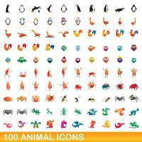 Ensemble de 100 icônes d'animaux, style dessin animé vecteur