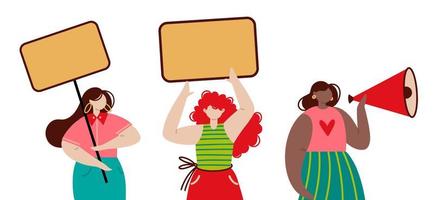 groupe de femmes protestataires, illustration vectorielle plane. les filles féministes tiennent une bannière, parlent dans un mégaphone. manifestation contre la violence domestique, le sexisme. marche des femmes pour les droits vecteur