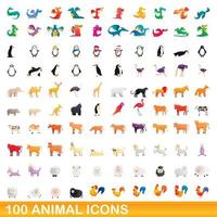 Ensemble de 100 icônes d'animaux, style dessin animé vecteur