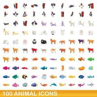 Ensemble de 100 icônes d'animaux, style dessin animé vecteur