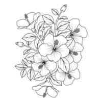 fleur d'hibiscus coloriage illustration avec trait d'art en ligne noir et blanc dessiné à la main vecteur