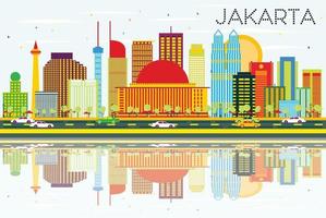 skyline de jakarta avec des bâtiments de couleur, un ciel bleu et des reflets. vecteur