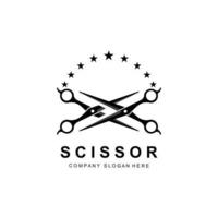 création de logo de ciseaux, illustration vectorielle icône d'outil de coupe autocollant bannière et marque de société de coiffeur vecteur