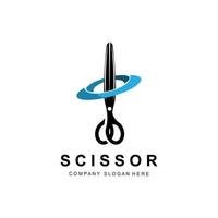 création de logo de ciseaux, illustration vectorielle icône d'outil de coupe autocollant bannière et marque de société de coiffeur vecteur