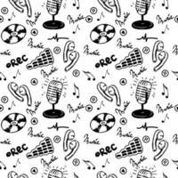 un motif harmonieux de symboles musicaux, d'éléments de style doodle dessinés à la main. microphone, cd, partitions, écouteurs modernes et icônes d'enregistrement sonore. illustration vectorielle vecteur