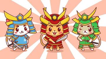 illustration de dessin animé de trio de samouraïs de chats mignons vecteur