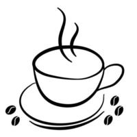 lignes de tasse de café, grains de café et lignes de fumée, dessins d'art en ligne. vecteur