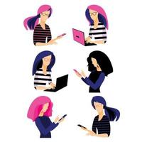 jeunes femmes tenant des gadgets numériques. icônes de personnes. vecteur de dessin animé plat.