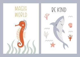 ensemble d'affiches avec de jolis animaux sous-marins. illustration vectorielle de poisson hippocampe et requin sur carte postale vecteur
