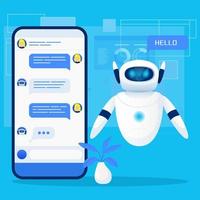 robot de chat mignon, chatbot, mascotte de personnage avec smartphone sur fond bleu vecteur