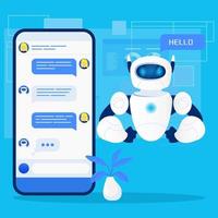 robot de chat mignon, chatbot, mascotte de personnage avec smartphone sur fond bleu vecteur