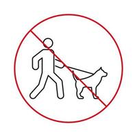 pas de marche avec laisse chien domestique interdire l'icône de la ligne noire. homme marche avec pictogramme de contour de chien. interdire le promeneur avec le symbole du chien de compagnie mammifère. illustration vectorielle isolée. vecteur