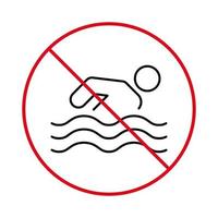 panneau d'avertissement icône de la ligne noire de la zone de baignade interdite. interdire la zone de baignade. attention interdire le pictogramme de la plage de la zone de baignade de danger. aucun symbole de cercle d'arrêt rouge de plongée en eau profonde autorisée. illustration vectorielle isolée. vecteur