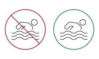 attention icône de la ligne noire de la zone de natation. remarquez le pictogramme nageur interdit. autoriser le symbole du cercle vert. plage interdite aux personnes nager signe. avertissement danger vague d'eau. illustration vectorielle isolée. vecteur