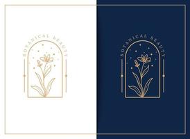 logo dessiné à la main d'élément floral botanique avec fleur et feuilles sauvages. logo pour spa et salon de beauté, boutique, magasin bio, mariage, floral, soins de la peau, cosmétiques, photographie et intérieur vecteur